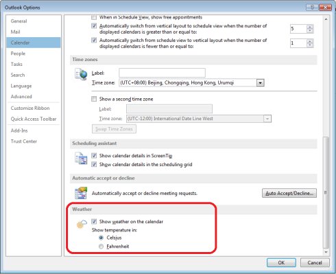 Outlook2013中日历的天气设置