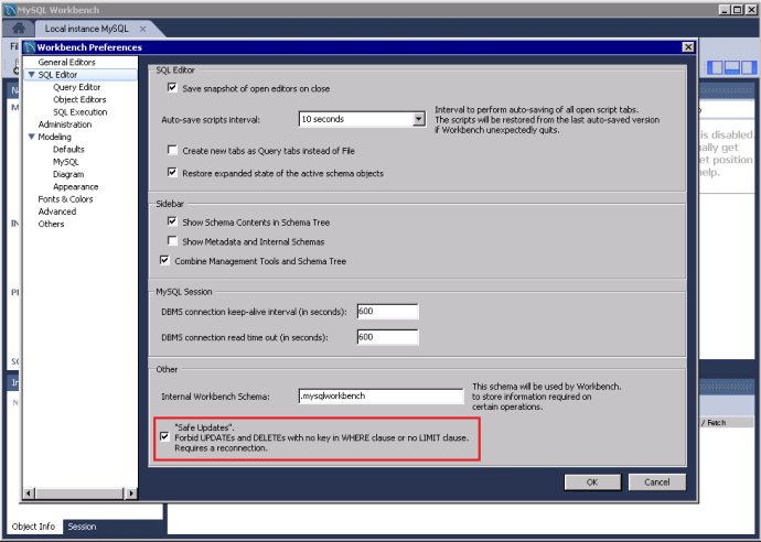 MySQL Workbench的安全更新模式