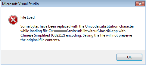 Visual Studio: 使用简体中文（GB2312）编码加载文件, 有些字节已用Unicode替换字符更换