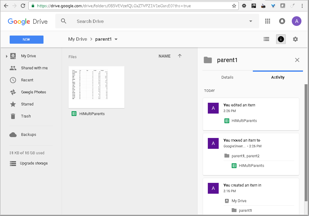 GoogleDrive: Multi-parent file in folder parent1