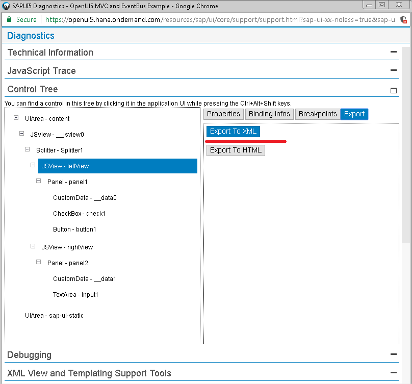 Openui5 Diagnostics ExportToXml