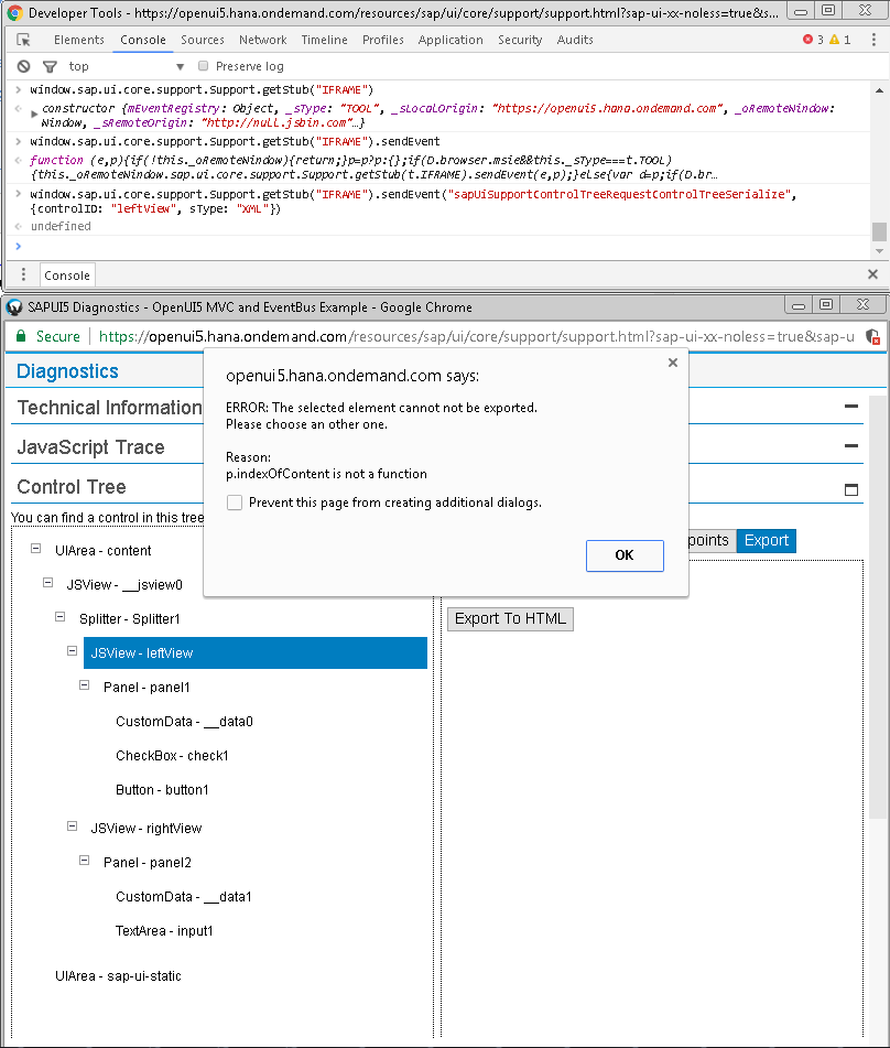 Openui5 Diagnostics ExportToXml error