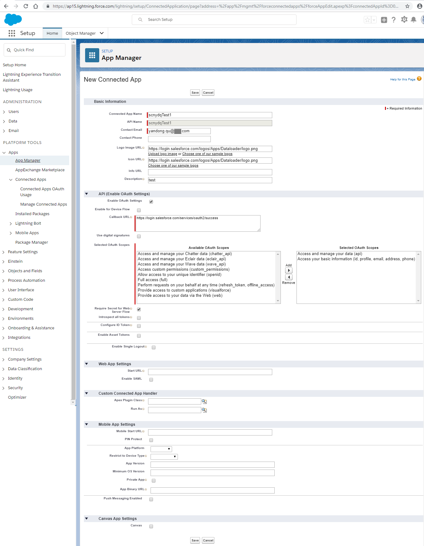 salesface api: connected app scnydqTest1