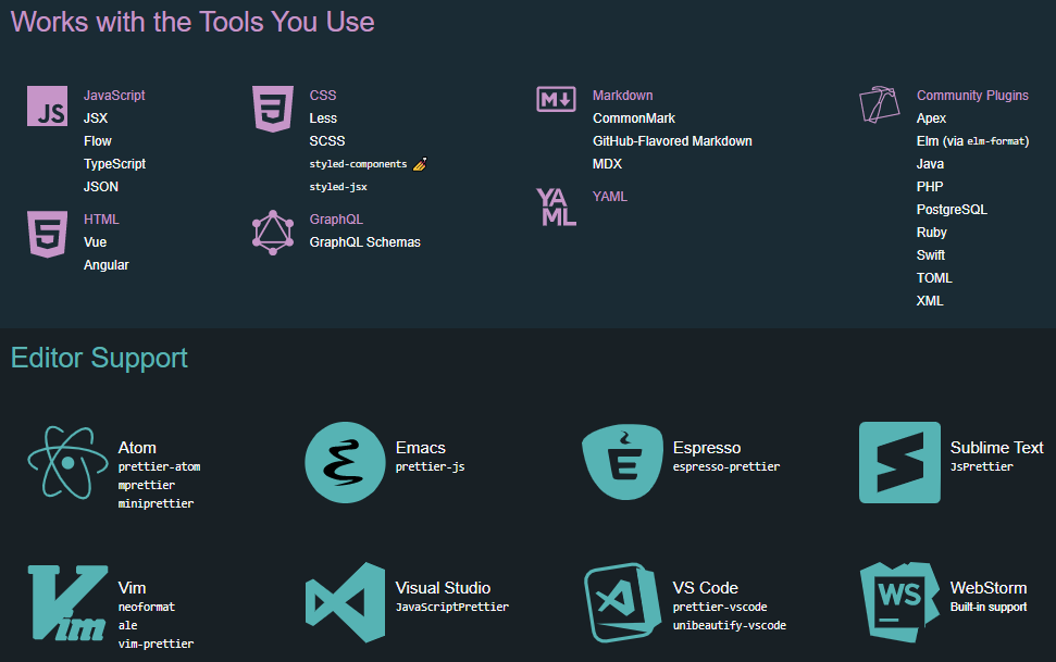 Prettier supportted languanges and editors